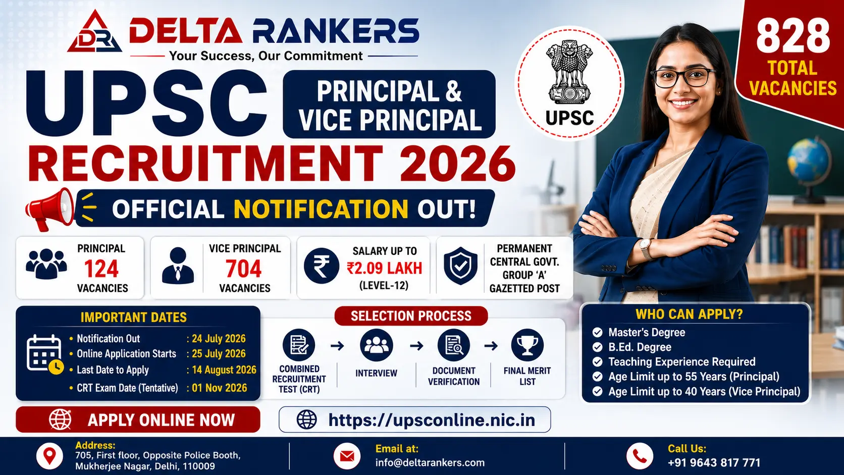 UPSC Principal & Vice Principal Recruitment 2026: 828 Vacancies, Eligibility, Salary, Apply Online